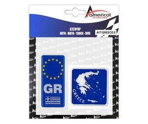 GREECE ΑΥΤΟΚΟΛΛΗΤΟ GR ΚΑΘΕΤΟ 10,4 Χ 4,5 cm ΚΑΙ ΧΑΡΤΗΣ ΕΛΛΑΔΟΣ 8 Χ 8 cm (ΜΠΛΕ) ΜΕ ΕΠΙΚΑΛΥΨΗ ΣΜΑΛΤΟΥ - 2 ΤΕΜ.