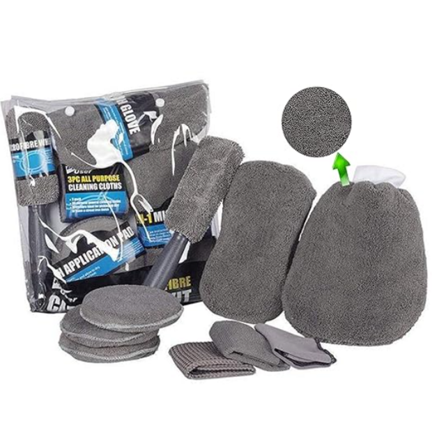 Microfiber 9 σε 1 Κιτ καθαρισμού αυτοκινήτου με πανί και γάντια χεριών διπλής όψης και σφουγγάρι