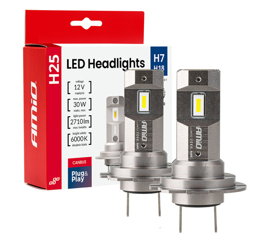 Amio - Λαμπτήρες LED Φώτων Εμπρός τύπου H7/H18 βάση PX26d/PY26d-1 τάση λειτουργίας 12V απόδοσης 30W (2710lm) Series H25 CANBUS 6000K για Επιβατικά Αυτοκίνητα - 2 τεμ. (04712/AM)