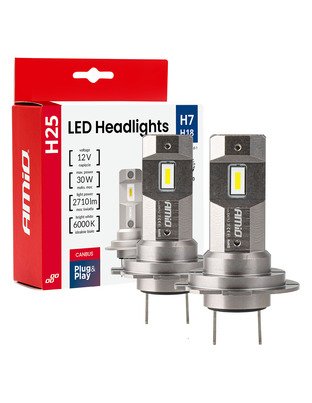 Amio - Λαμπτήρες LED Φώτων Εμπρός τύπου H7/H18 βάση PX26d/PY26d-1 τάση λειτουργίας 12V απόδοσης 30W (2710lm) Series H25 CANBUS 6000K για Επιβατικά Αυτοκίνητα - 2 τεμ. (04712/AM)