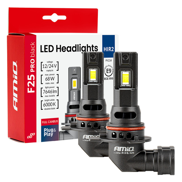 Amio - Λαμπτήρες LED F25 PRO Black Edition HIR2 (9012) 68W 12-24V Full CAN Bus με Φωτεινότητα 7646lm σε Ψυχρό Λευκό 6000K για Επιβατικά Αυτοκίνητα & Φορτηγά - Σετ 2 τεμ. (04724/AM)