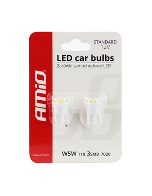 Amio - Λαμπάκια LED 3SMD 7020 τύπου T10 βάση W5W W2.1x9.5d τάση λειτουργίας 12V απόδοσης 0.4W χρώμα λευκό για Επιβατικά Αυτοκίνητα - 2 τεμ. (01096/AM)