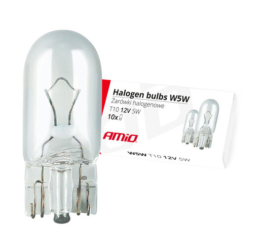 Amio – W5W T10 W2.1x9.5d 12V 5W Λαμπτήρας Αλογόνου Καρφωτός Άκαλυκος για Φώτα Θέσης Αυτοκινήτου Κουτί 10 Τεμ. (01483/AM)