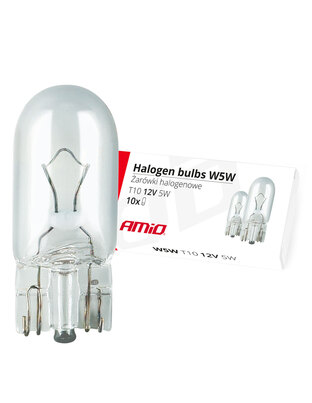 Amio – W5W T10 W2.1x9.5d 12V 5W Λαμπτήρας Αλογόνου Καρφωτός Άκαλυκος για Φώτα Θέσης Αυτοκινήτου Κουτί 10 Τεμ. (01483/AM)
