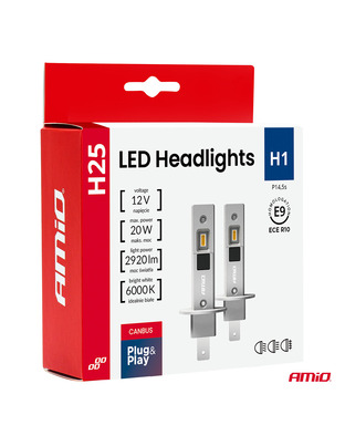 Amio - Λαμπτήρες LED Φώτων Εμπρός τύπου H1 βάση P14.5s τάση λειτουργίας 12V απόδοσης 20W (2920lm) Series H25 CANBUS 6000K για Επιβατικά Αυτοκίνητα - 2 τεμ. (04709/AM)