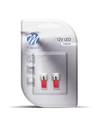 T10 W5W 12V W2,1x9,5d LED 1xHP ΚΟΚΚΙΝΟ (ΚΑΡΦΩΤΟ ΑΚΑΛΥΚΟ) BLISTER 2ΤΕΜ. M-TECH